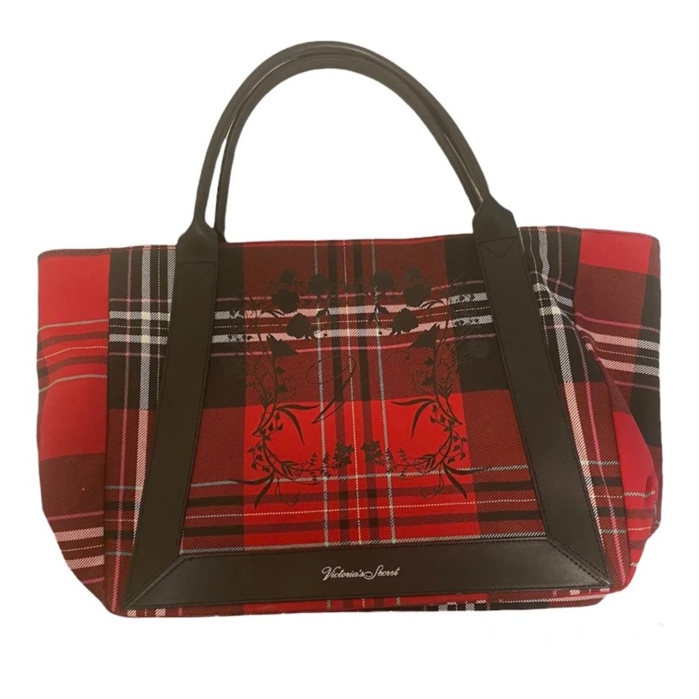 Victoria's Secret 2020 Limited Edition Red and Black Plaid Roses Bag Tote